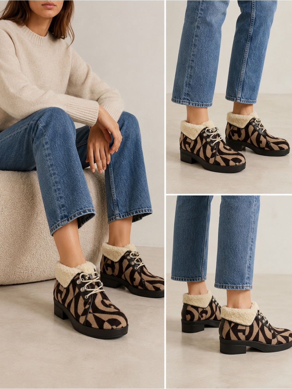 GUCCI GG Wool Ankle Boots with Shearling Trim Size 37